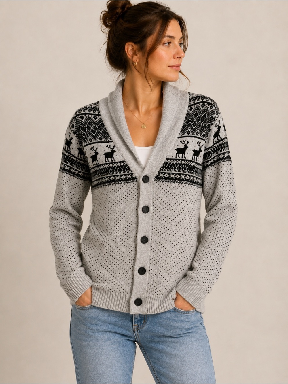 Aspen Knitted Winter Deer Themed Cardigan - Woman’s Small